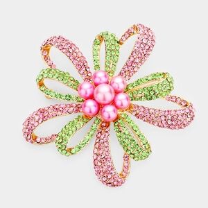 Green Pink Crystal Flower Brooch Cluster Pearl Rhinestone Pendant Pin Accessory
